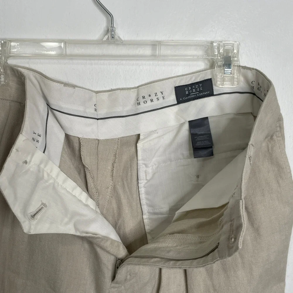 Mens Khaki Linen Blend Pleated Herringbone Pants 34x30 Old Money Travel Vacation